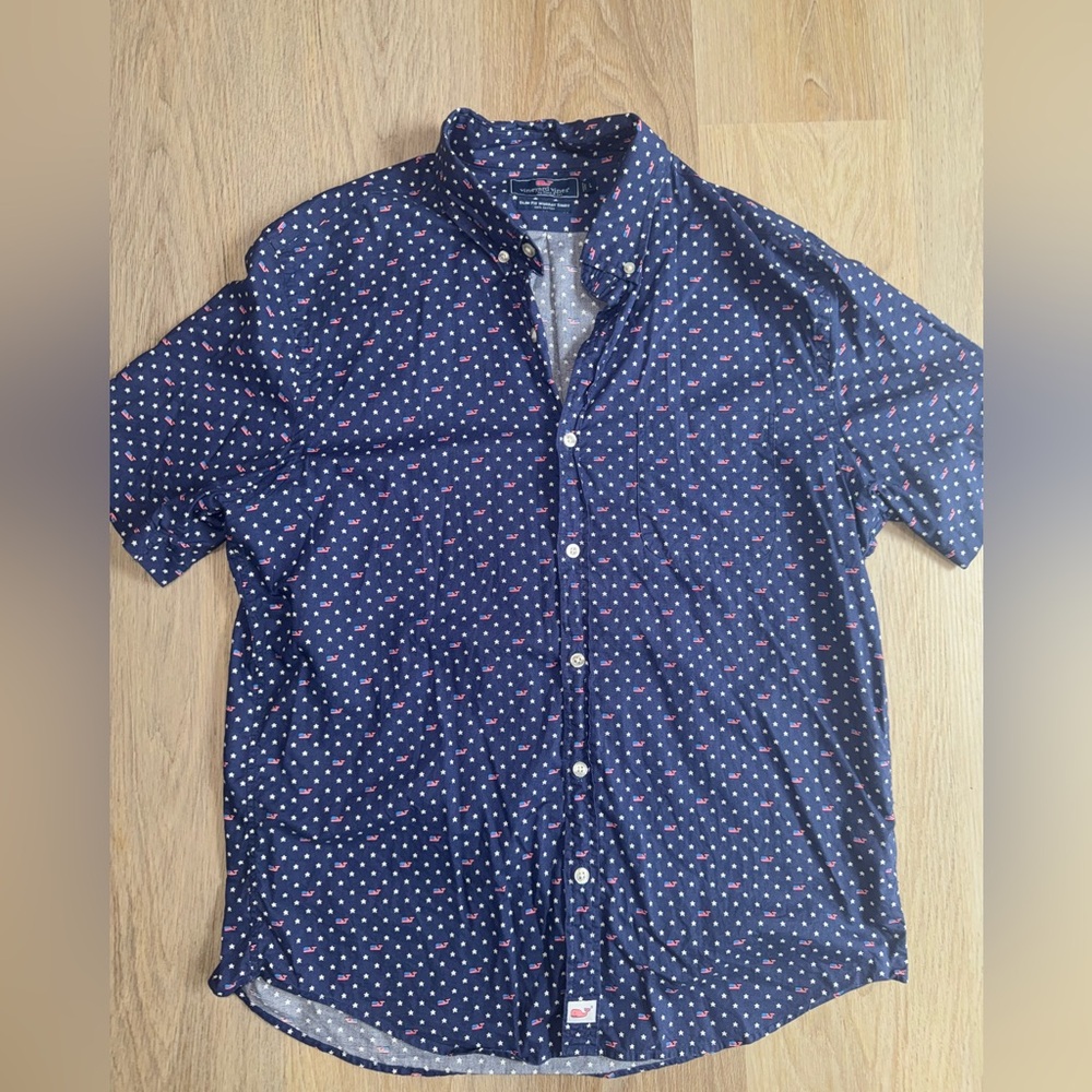 Vineyard Vines Blue Slim Fit Murray Shirt American Flag Whale Button Down -Large